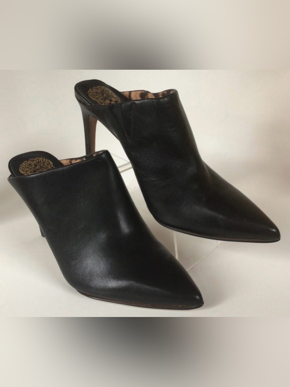 Vince Camuto Black Pointed Leather Mule Heels with Leopard Lining - Picture 13 of 16